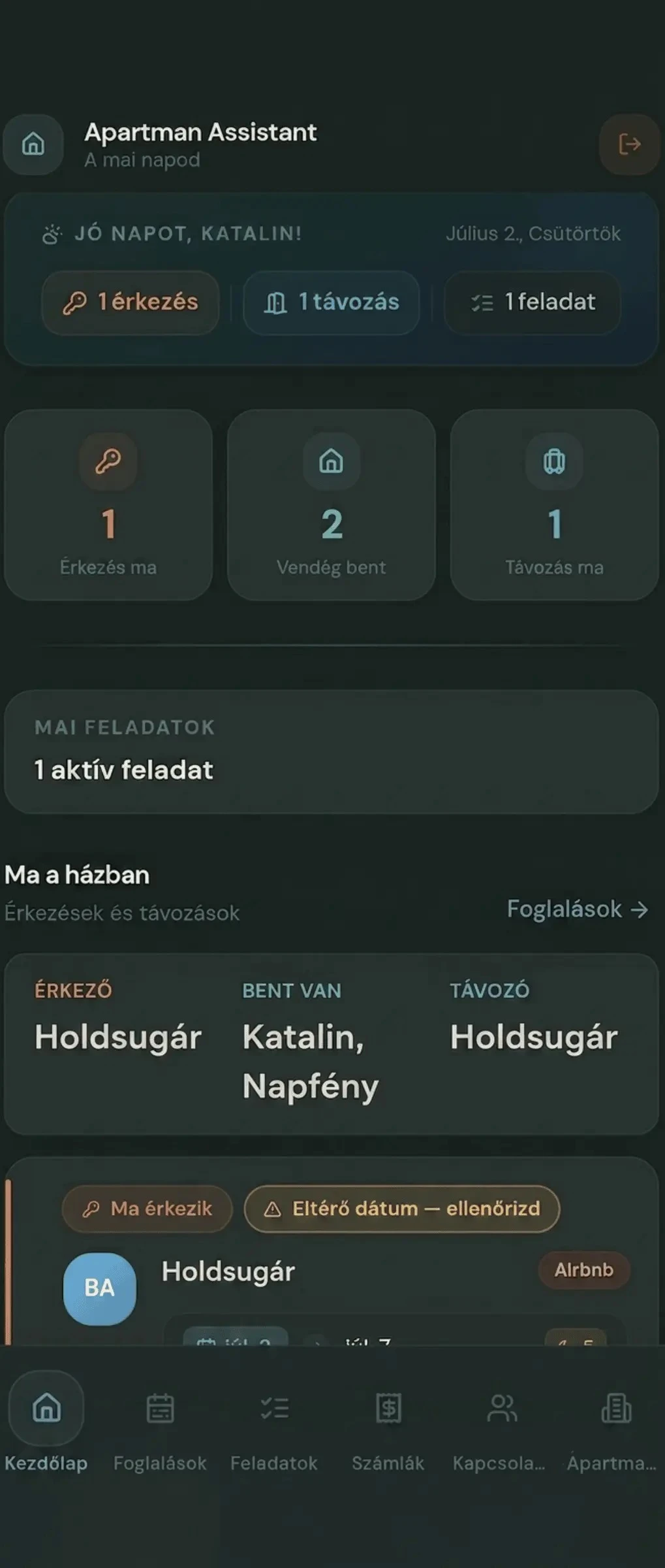 Apartman Assistant kezdőképernyő a mai teendőkkel
