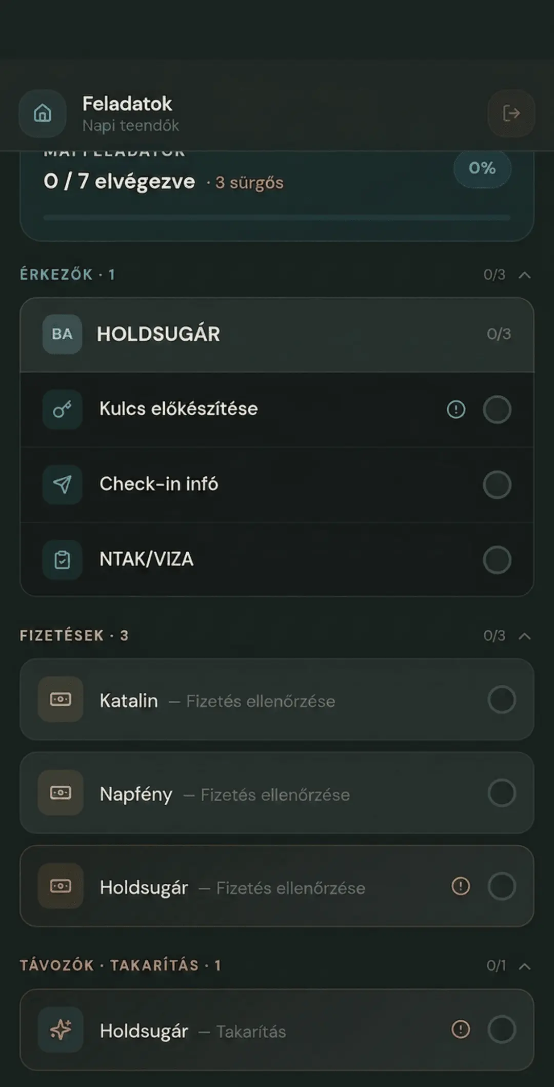 Feladatok nézet automatikusan generált napi teendőkkel, például takarítással