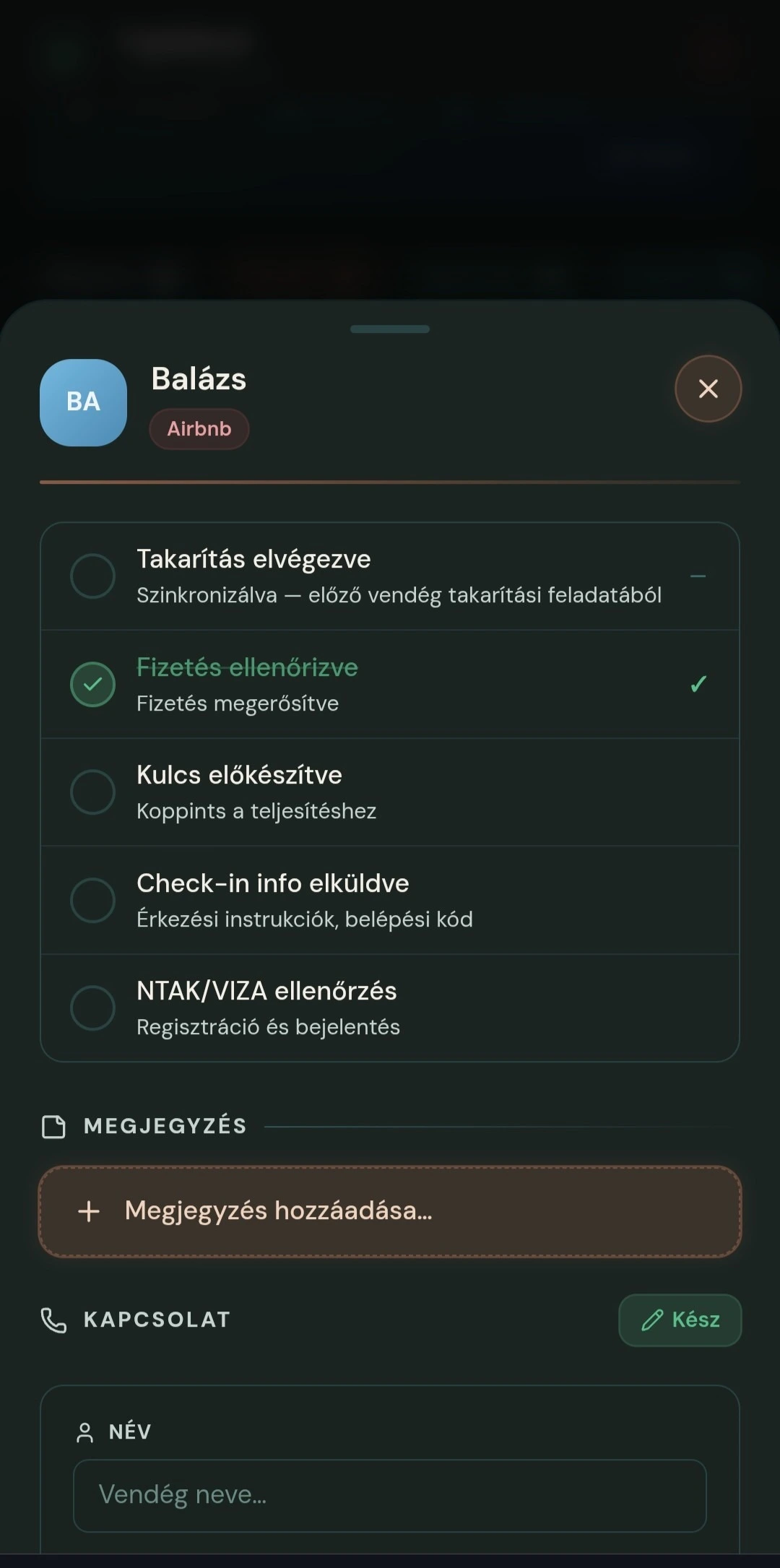 Vendég adatlap automatikusan létrejövő feladatokkal (NTAK, fizetés, kulcs, check-in)