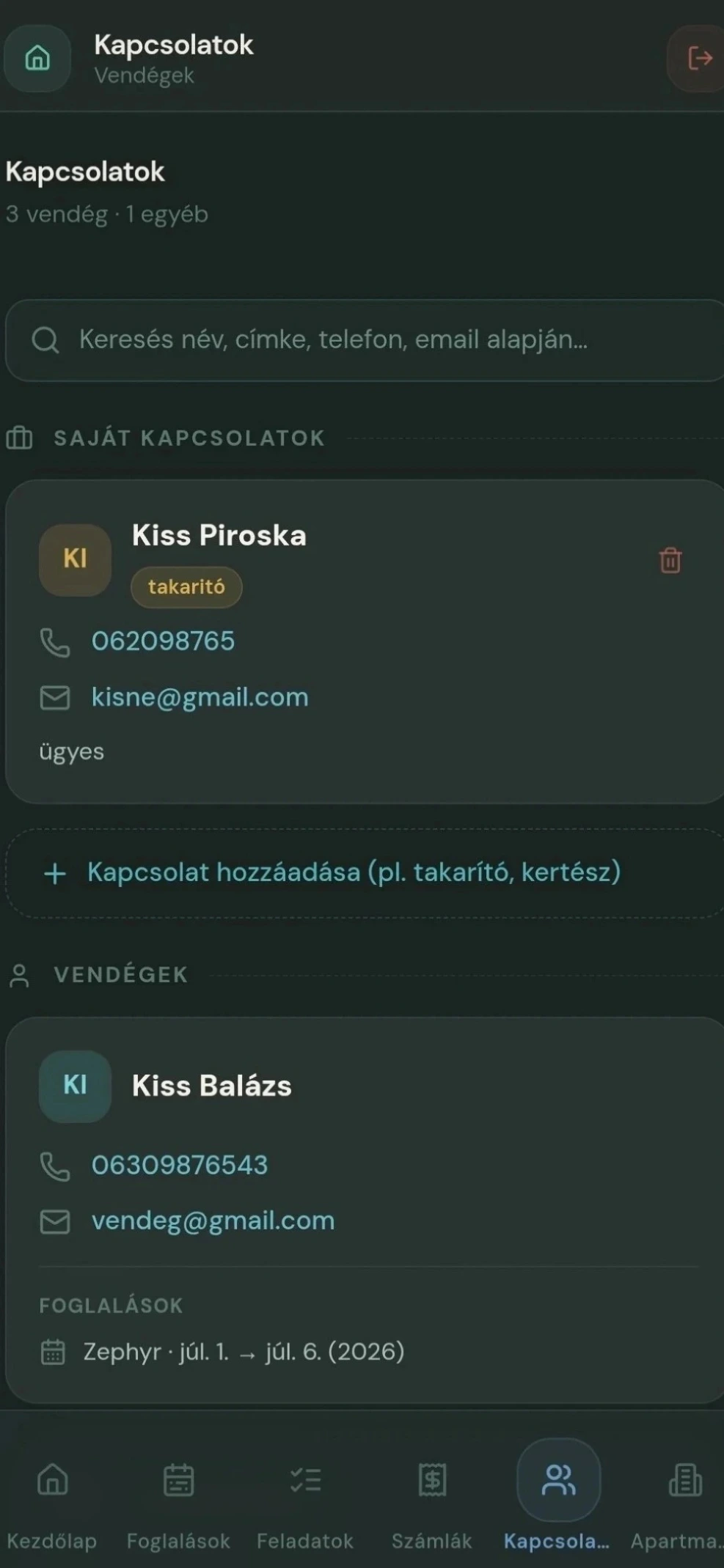 Kapcsolatok listája kereséssel